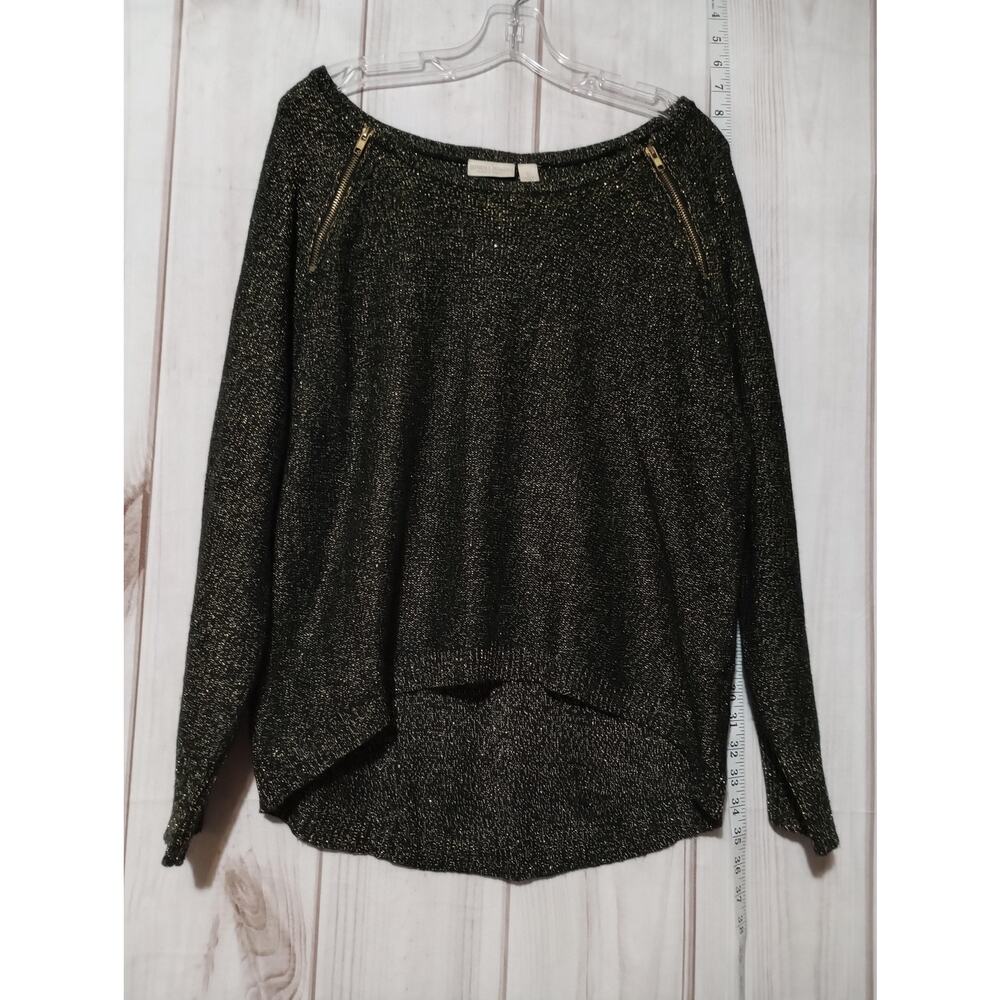 Bisou Bisou‎ Michele Bohbot Womens Gold Metallic Knit Zipper Shoulder Sweater L